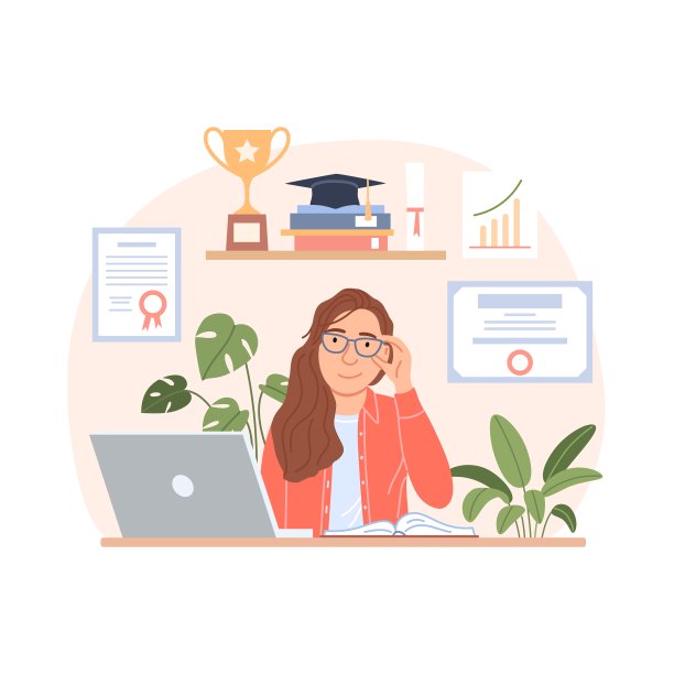 技能发展的概念。扁平的商务女性与电脑在工作场所的背景与文凭，奖杯，书籍，毕业帽。员工福利。卡通女孩经理矢量插图。图片下载