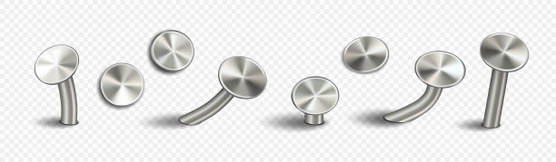 木器铁钉钉入墙壁，在透明的背景上隔离。铬金属结构销，弯和直。矢量逼真的3d插图闪亮的硬件缩略图图片下载