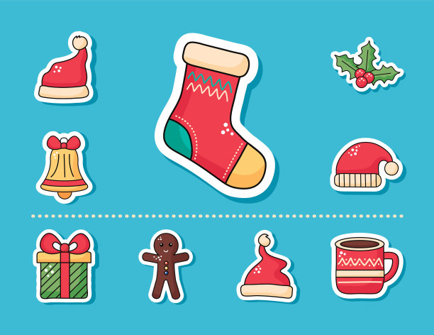 快乐快乐的圣诞袜和设置贴纸图标图片下载
