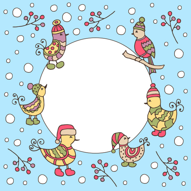 框架与手绘鸟在冬天的帽子图片下载