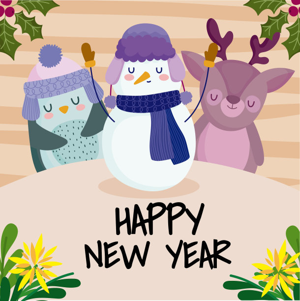 新年快乐，可爱的驯鹿雪人企鹅图片下载