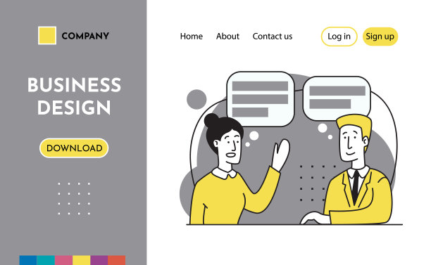 专家咨询。帮助,支持。面试、培训、指导。现代展示幻灯片登陆页面网站设计，模板。商业团队合作概念插图。平面轮廓的风格。图片下载