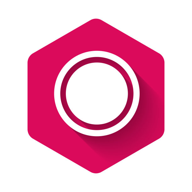 白色板图标孤立与长阴影背景。餐具的象征。餐厅的迹象。粉红色的六角按钮。向量图片下载