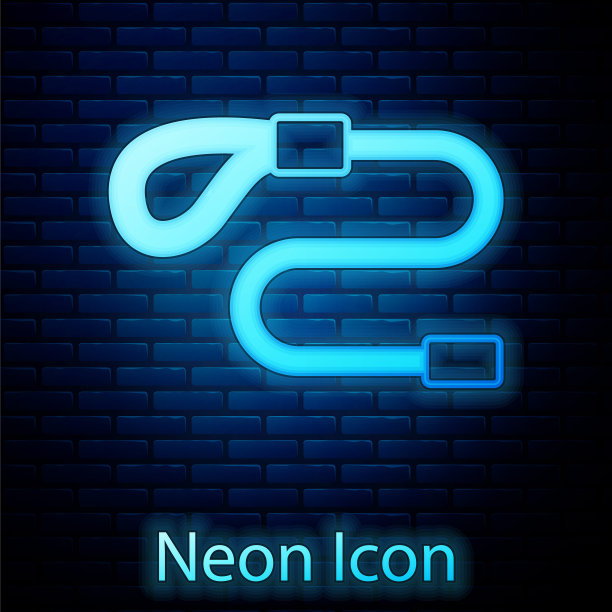 发光的霓虹灯可伸缩绳带与钩环图标隔离在砖墙背景上。宠物狗。户外散步的动物配件。向量图片下载