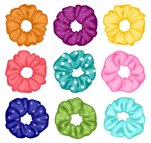 头发随便潦草了事。卡通松紧发带，纺织松紧环，少女发型工具。妇女理发发髻矢量插图集图片下载