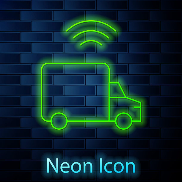 发光的霓虹灯线智能送货卡车车辆与无线连接图标隔离在砖墙的背景。向量图片下载