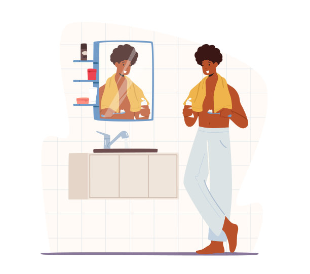 人刷牙。年轻英俊的非洲男性角色在睡衣和毛巾站在镜子和水槽前图片下载