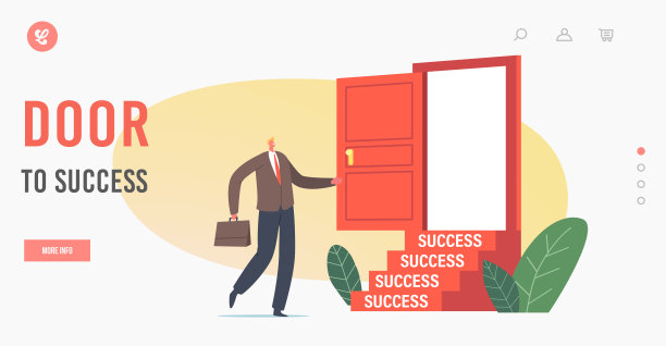 商人新机会，挑战，正确的解决方案着陆页模板。商人性格进入敞开的门图片下载