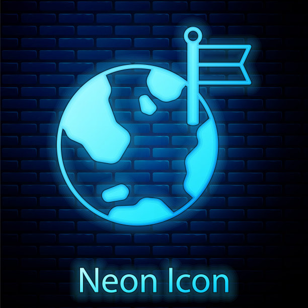 发光的霓虹灯星球与旗帜图标孤立在砖墙背景。胜利，必胜，战胜逆境的观念。向量图片下载