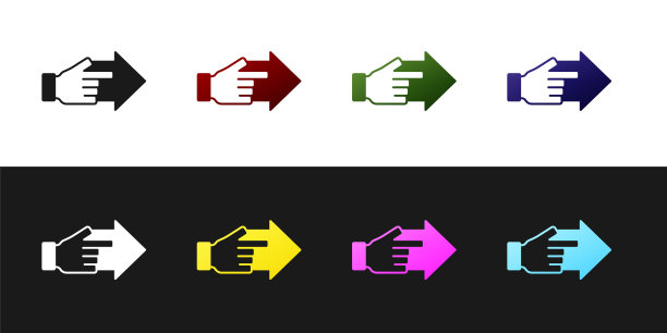 Set Hand with pointing finger with arrow icon isolated on black and white背景。业务愿景和目标。概念企业财务、性格、领导。向量图片下载
