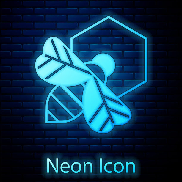 发光的霓虹灯蜜蜂和蜂窝图标孤立在砖墙的背景上。蜂蜜的细胞。有翅膀的蜜蜂或apis象征。飞行昆虫。甜蜜的天然食品。向量图片下载