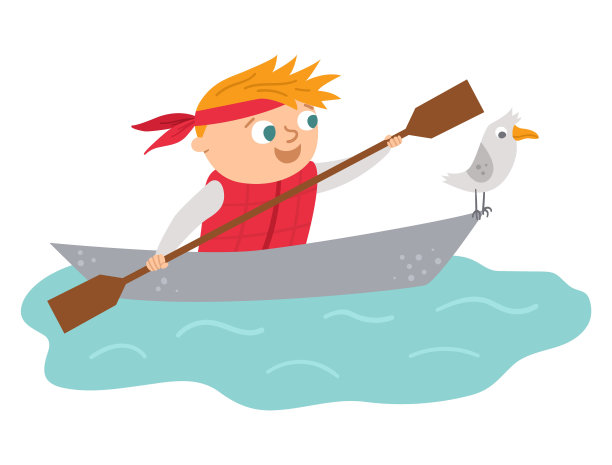 向量可爱的皮划艇男孩。篝火漂流的场景，可爱的孩子在船上，有桨和海鸥。旅行者被隔离在白色背景上。户外水上活动或夏令营旅游标志。图片下载