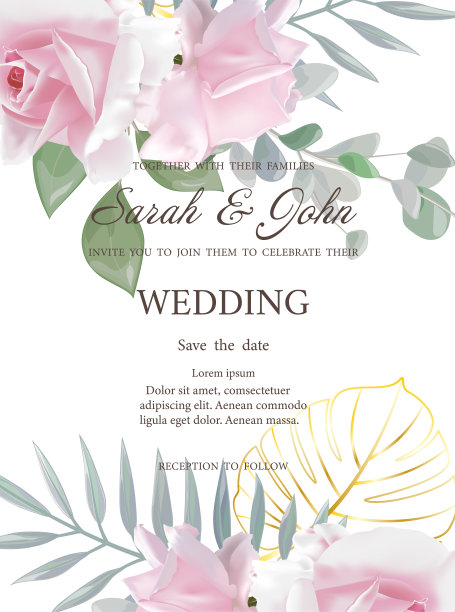 婚礼请柬用鲜花，现实的玫瑰，孤立的白色。图片下载