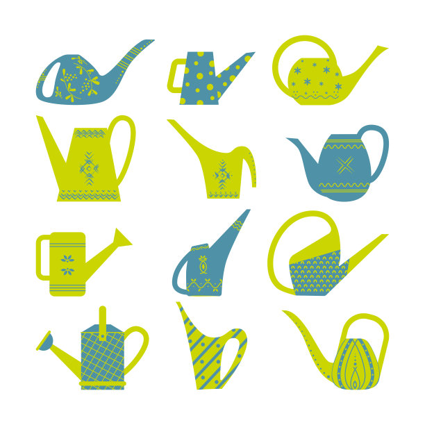 一套花园浇水罐为花园。带有图案的明亮喷壶图片下载