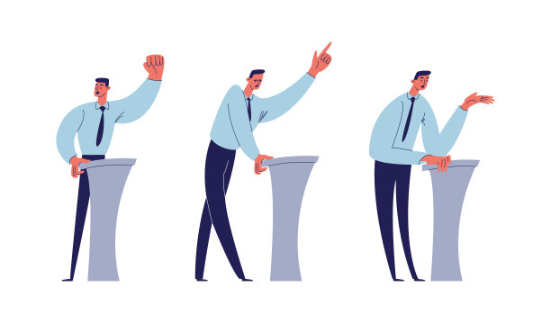 在讲台上演讲。一个穿蓝衬衫、打领带、穿裤子的男人做展示。政治人物。矢量插图卡通人物孤立在白色背景。图片下载