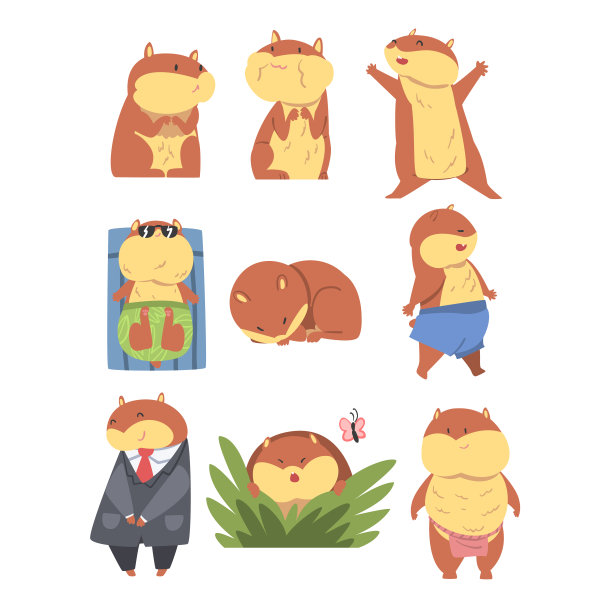 可爱有趣的仓鼠集合，可爱的动物角色在不同的情况卡通矢量插图图片下载
