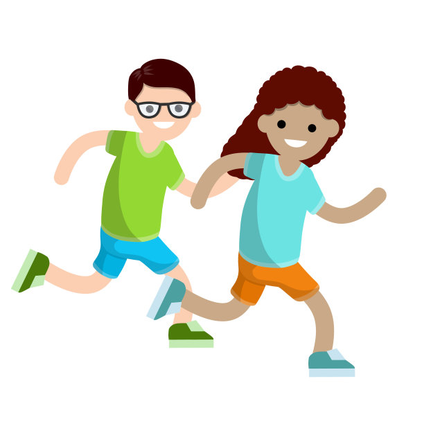 孩子们在赛跑。男孩和女孩竞争。体育和娱乐。孩子们的游戏。夏天的衣服-短裤和t恤。一个男人和一个女人。图片下载