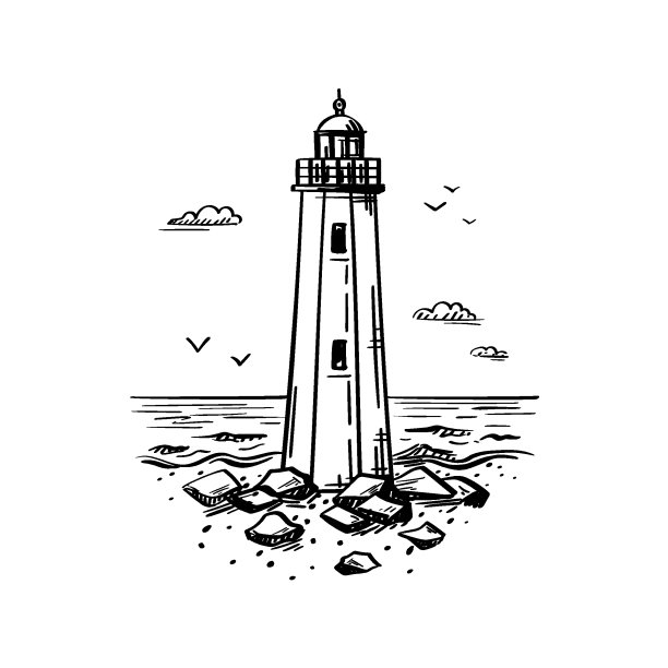 矢量草图古老的灯塔。轮廓雕刻插图海、石、浪、信号塔、海鸟图片下载