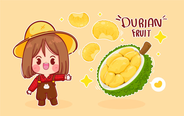 可爱的女孩农民和榴莲水果卡通艺术插画图片下载