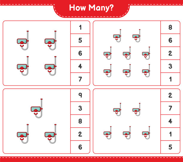 数游戏，多少个潜水面罩。教育儿童游戏，可打印的工作表，矢量插图图片下载