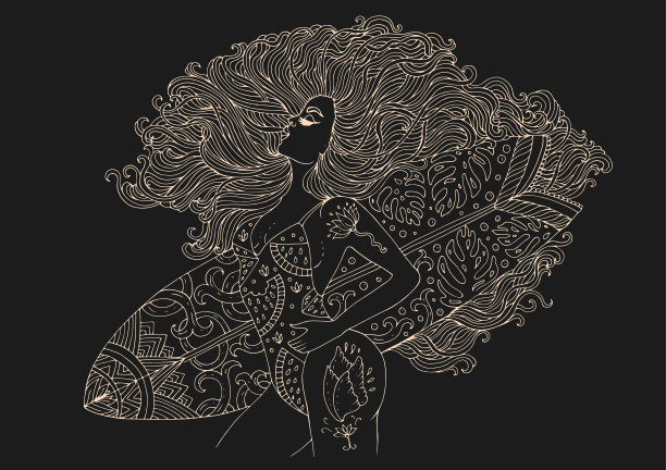 向量画的女人穿着泳衣，头发在风中生长，海滩上的一块板。女性冲浪者有一个美丽的纹身身体。极端的水上运动。图案设计打印淡黄色的线在棕色的背景图片下载