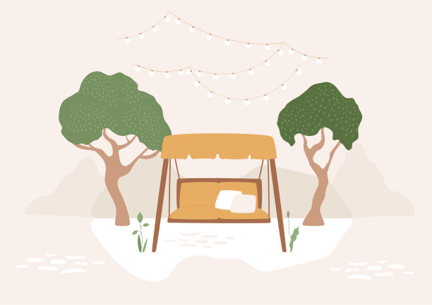 波动的牧场。花园里装饰了灯泡花环。图片下载