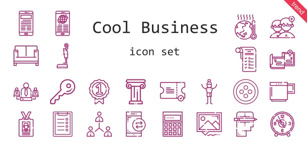 很酷的商业图标集。行图标风格。很酷的商业相关图标，如新闻，沙发，智能手机，地图，门票，计算，时钟，团队，剪贴板，人，图片，创意图片下载