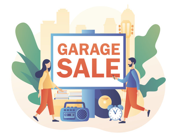 在线跳蚤市场。车库大甩卖-大广告横幅。院子里出售。小卖家和顾客。古董或破布展。集市。现代平面卡通风格。矢量插图上的白色背景图片下载