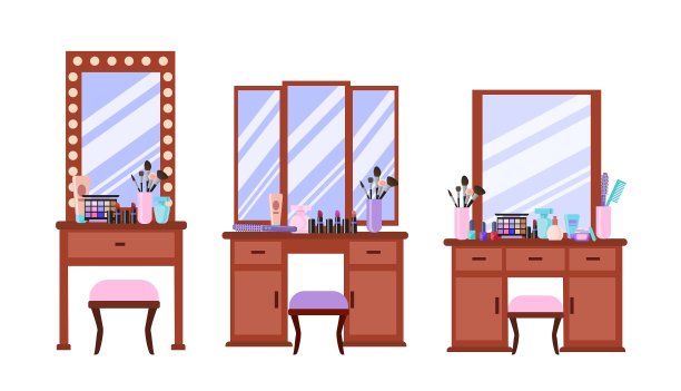 一套梳妆台，里面有首饰盒、化妆刷、梳子和口红。矢量插图在卡通平面风格。现代风格的家具。化妆的地方。图片下载