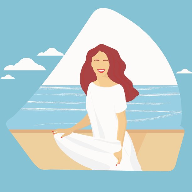 一个女人的肖像。一个长发飘逸、身穿白色连衣裙的女孩站在大海的背景下。夏天的矢量图图片下载