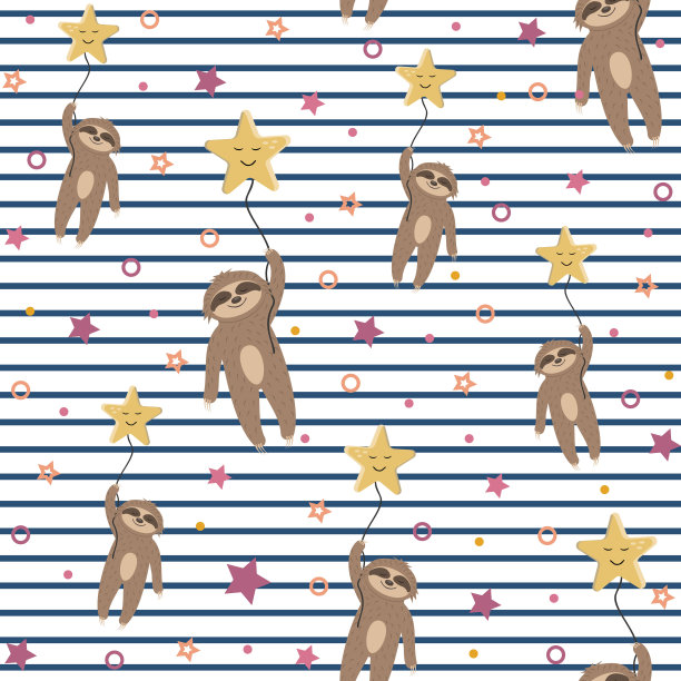 图案树懒在天空中飞翔着一颗沉睡的星星，孩子们的壁纸织物，白色条纹的背景图片下载