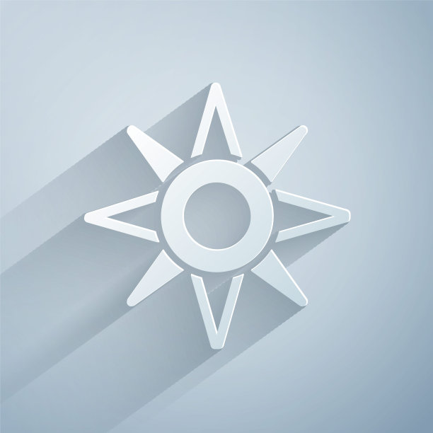 剪纸风玫瑰图标孤立在灰色背景。指南针图标的旅行。导航设计。纸艺术风格。向量图片下载