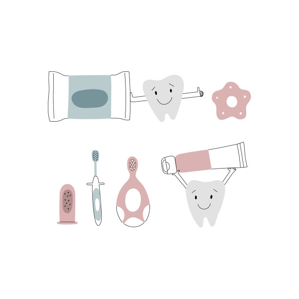 矢量彩色手绘婴儿口腔护理插画。儿童口腔卫生。搞笑牙齿用牙膏、牙刷、牙纸巾、湿巾、牙龈刷、牙套图片下载