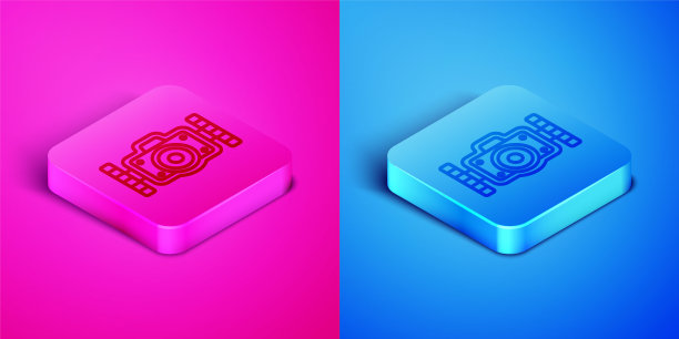 等距线潜水员图标照片相机隔离在粉红色和蓝色背景。与相机图标。在水下潜水设备。方形按钮。向量图片下载