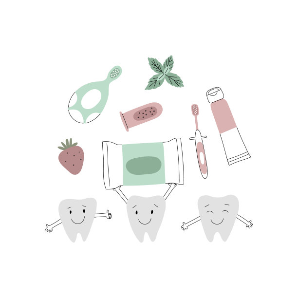 矢量彩色手绘婴儿口腔护理插画。儿童口腔卫生。搞笑牙齿用牙膏、牙刷、牙纸巾、湿巾、口香糖刷图片下载