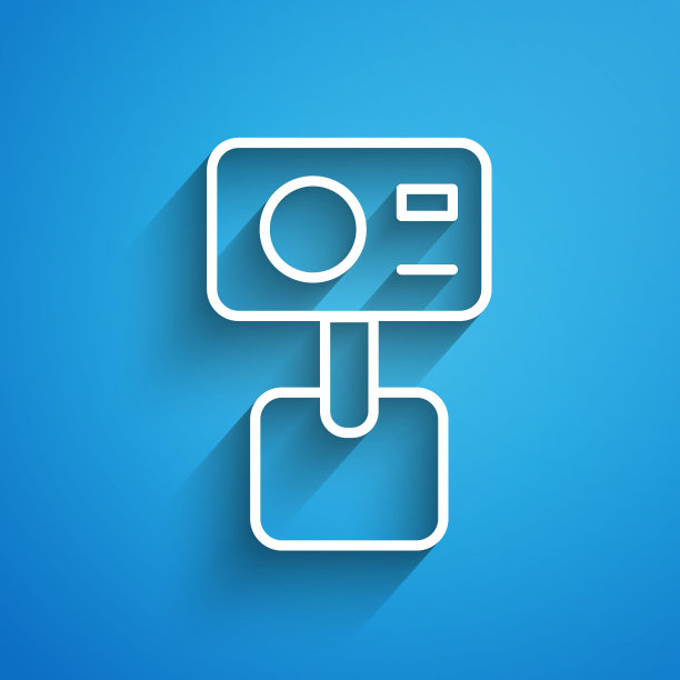 白色线行动极端相机图标孤立在蓝色背景。拍摄极限运动的摄像机设备。长长的阴影。向量图片下载