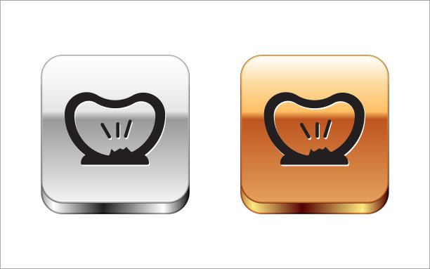 黑色自行车爆胎图标隔离在白色背景上。自行车比赛。车轮轮胎空气。运动设备。金银平方按钮。向量图片下载