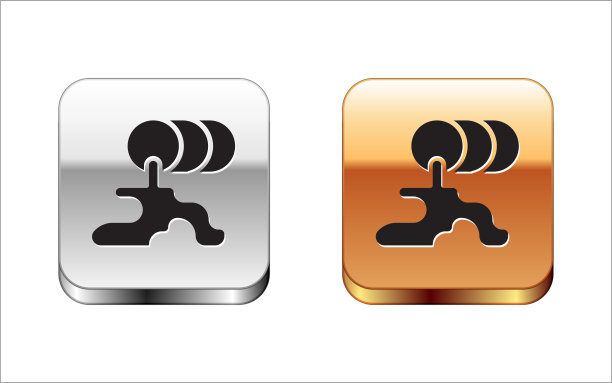 黑桶漏油图标孤立在白色背景。金银平方按钮。向量图片下载