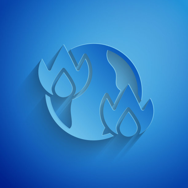 剪纸全球变暖火图标孤立在蓝色背景。纸艺术风格。向量图片下载