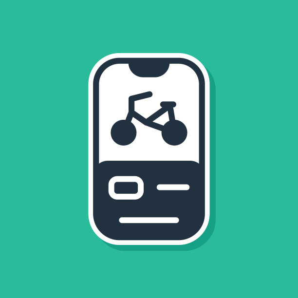 蓝色自行车租赁手机应用程序图标隔离在绿色背景。智能服务，出租自行车在城市。共享系统的移动应用程序。向量图片下载