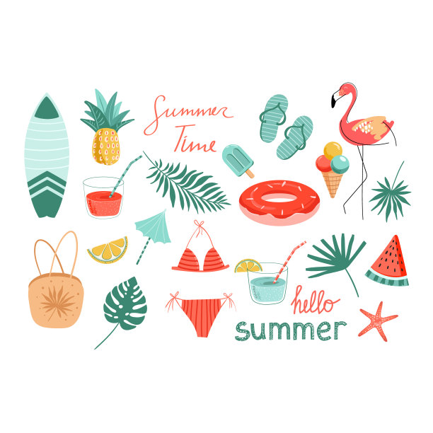 矢量集手绘夏季和海滩对象。人字拖、火烈鸟、冰淇淋、提神饮料、泳衣、雨伞、菠萝、西瓜、海星、棕榈叶、怪兽叶、太阳、沙滩包图片下载