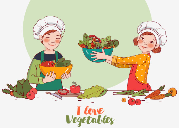 可爱的男孩和女孩在厨房做沙拉图片下载