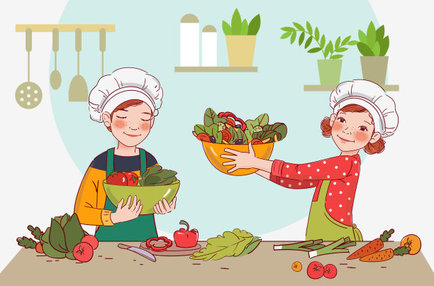 可爱的男孩和女孩在厨房里做沙拉图片下载