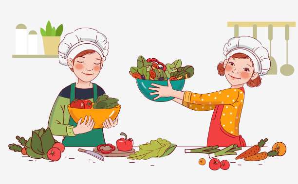 可爱的男孩和女孩在厨房做沙拉图片下载
