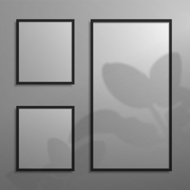 现实的框架。3D海报与阴影叠加效果。空白框架挂在墙上和植物遮荫。广场照片拼贴。黑色的展览。向量内部模板图片下载