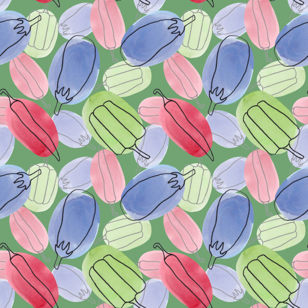 在绿色背景上与蔬菜无缝模式的linart风格。图片下载