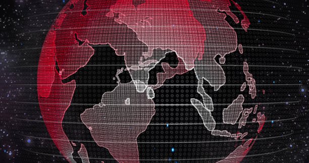 全球变暖的红土概念。大数据3d地球。二进制码环绕地球旋转。复古的数字地球。数字数据地球，围绕地球的数据网络的抽象三维渲染图片下载