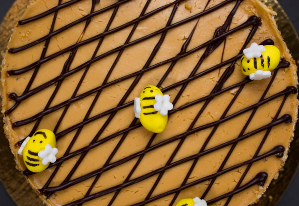 蜂蜜蛋糕上面有可食用的蜜蜂，蛋糕的顶部装饰在一个笼子里的巧克力线。概念为生日，会见家长，节日。图片下载