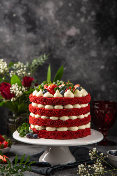 自制红丝绒分层蛋糕，深色背景图片下载