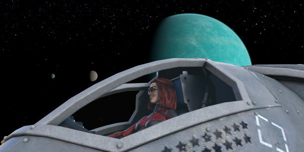 一个女人戴着太阳镜在外太空驾驶飞船，背景是外星行星和卫星。图片下载